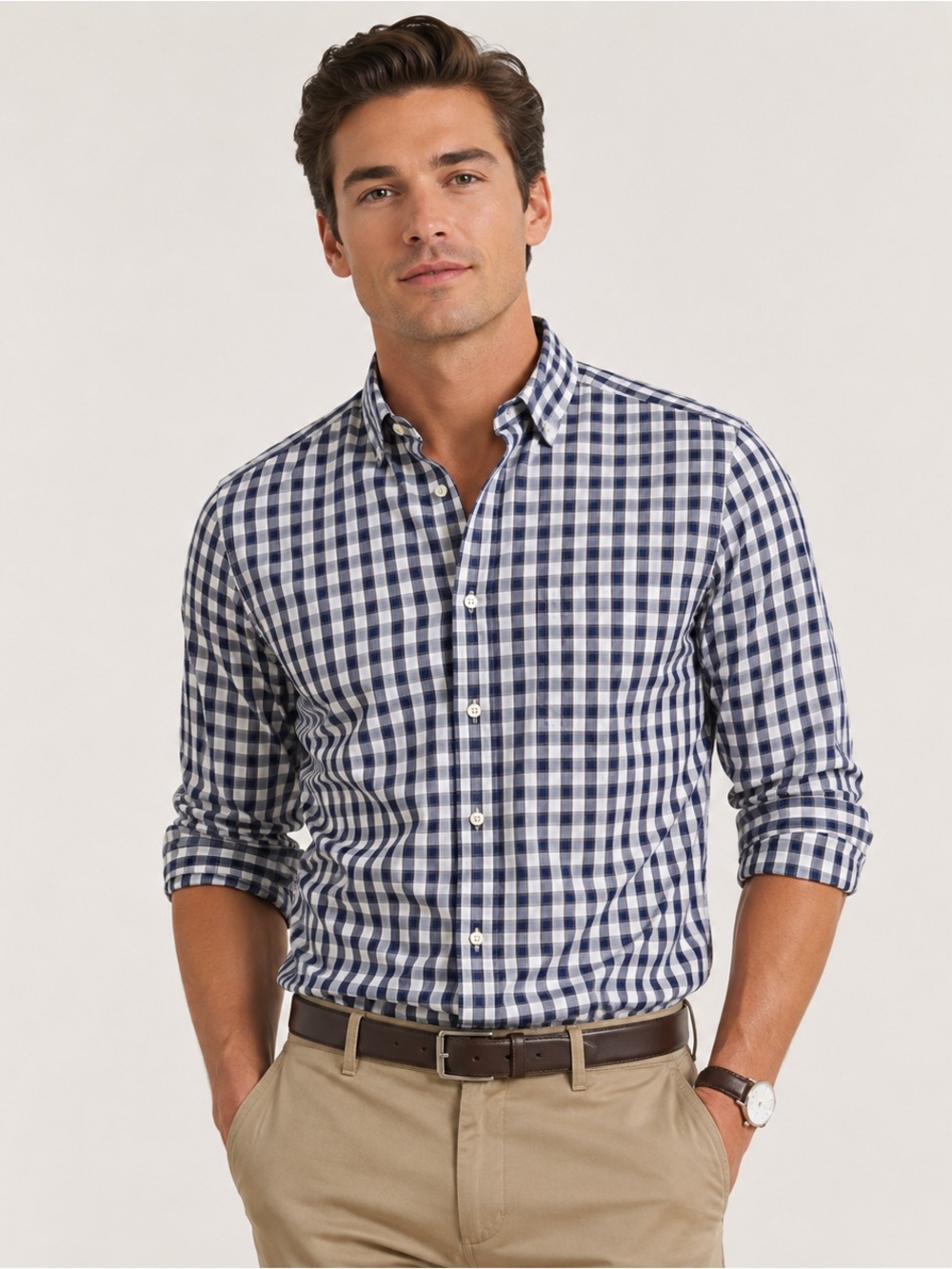 Banana Republic Non-Iron Button Down Shirt Large Navy White Plaid 100% Cotton
